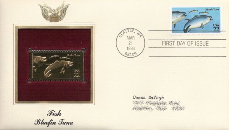 First day cover bearing 22-cent bluefin tuna stamp
