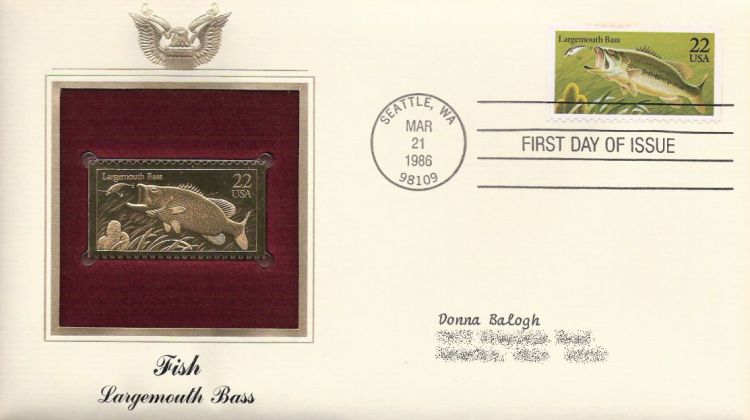 First day cover bearing 22-cent largemouth bass stamp