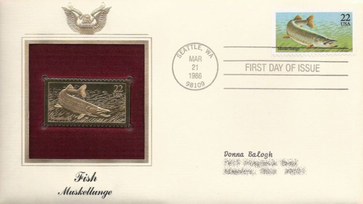 First day cover bearing 22-cent muskellunge stamp
