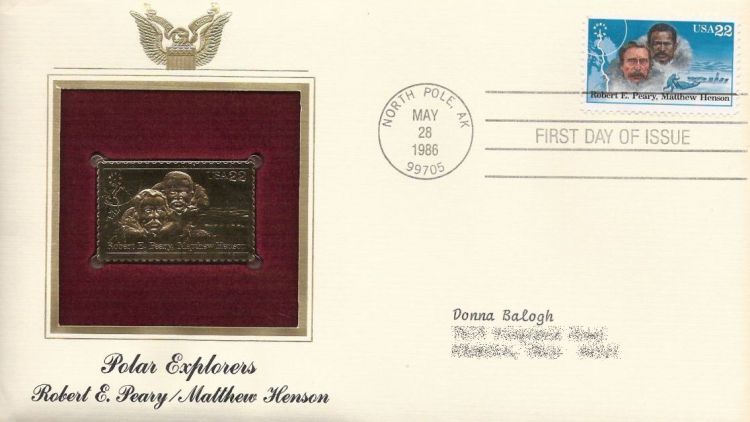 First day cover bearing 22-centRobert E. Peary and Matthew Henson stamp