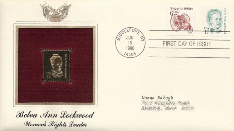 First day cover bearing tricycle and Belva Ann Lockwood stamps