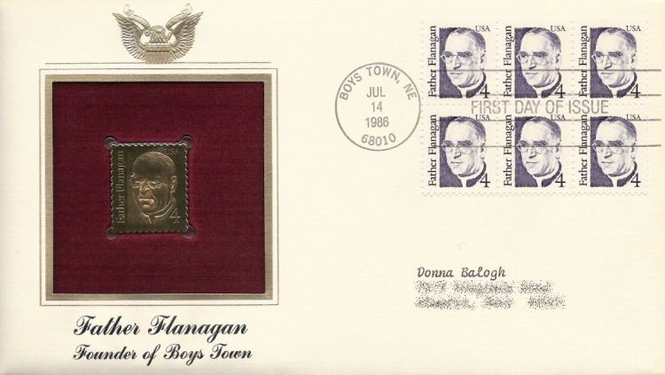 First day cover bearing block of six 4-cent Father Flanagan stamps