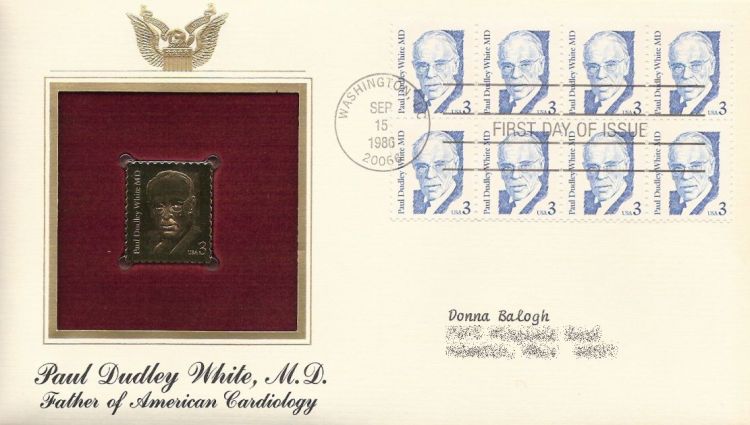 First day cover bearing block of eight 3-cent Paul Dudley White stamps