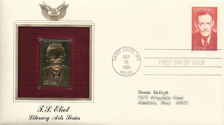 First day cover bearing 22-cent T.S. Eliot stamp