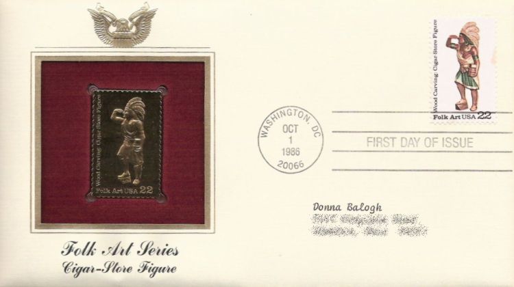 First day cover bearing 22-cent cigar store figure stamp