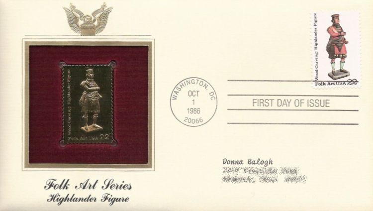 First day cover bearing 22-cent highlander figure stamp