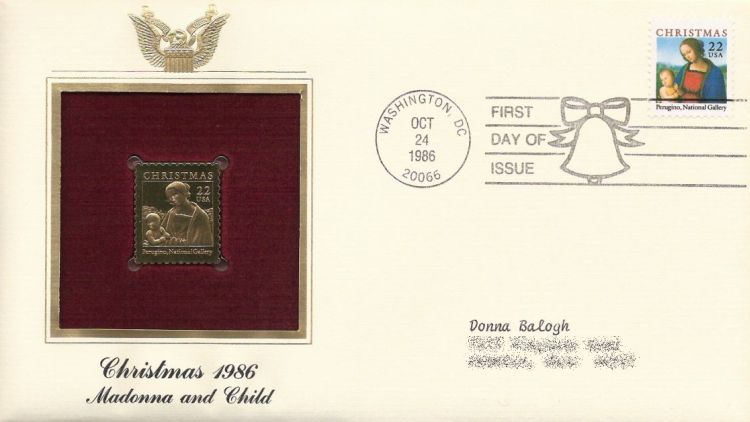 First day cover bearing 22-cent Madonna by Perugino stmap