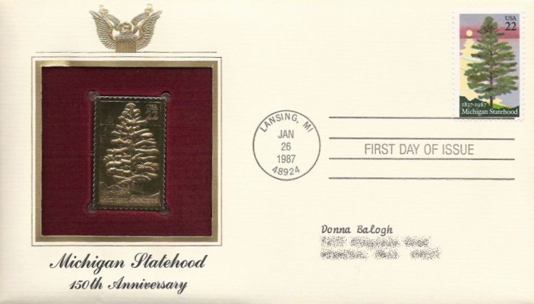 First day cover bearing 22-cent Michigan statehood stamp