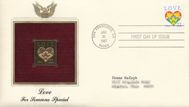 First day cover bearing 22-cent love stamp