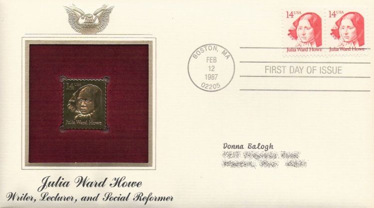 First day cover bearing pair of 14-cent Julia Ward Howe stamps