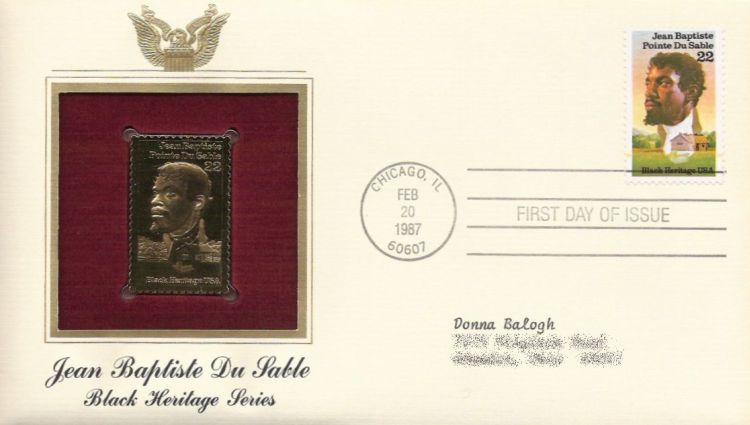 First day cover bearing 22-cent Jean Baptiste Pointe Du Sable stamp