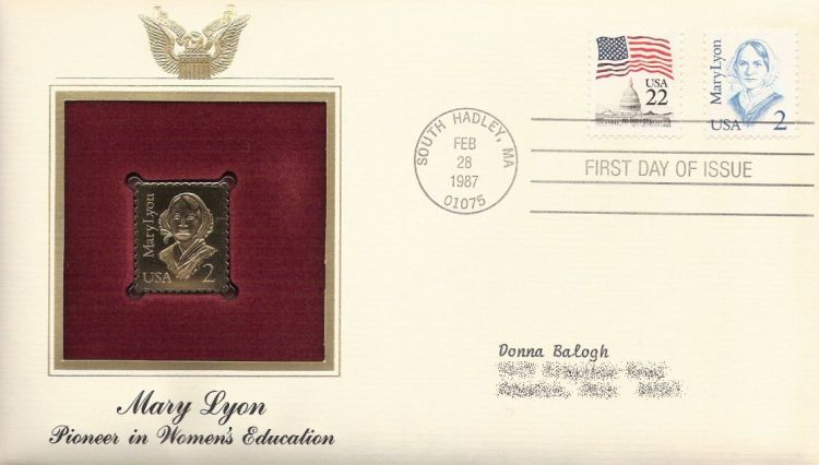 First day cover bearing U.S. Capitol and Mary Lyon stamps