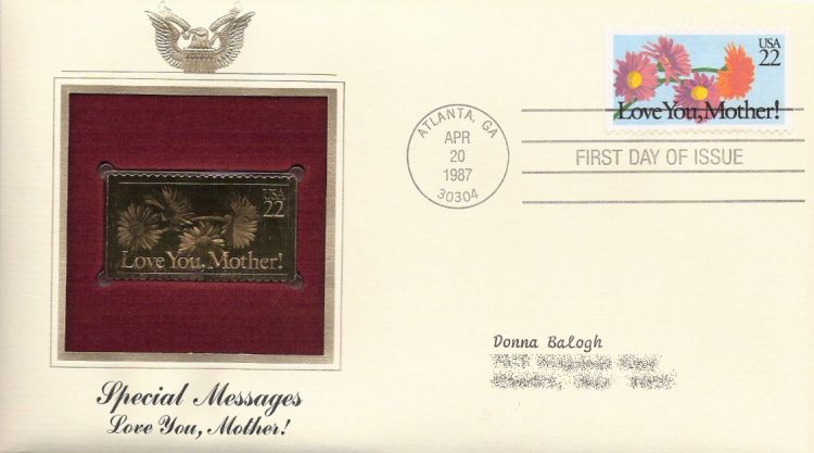 First day cover bearing 22-cent love you, Mother! stamp