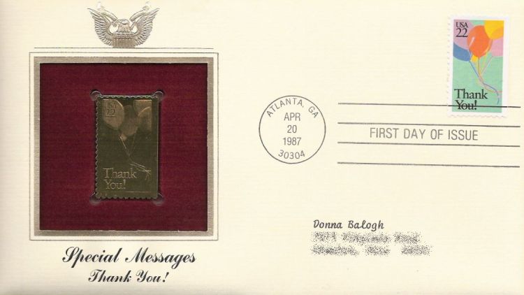 First day cover bearing 22-cent thank you! stmap