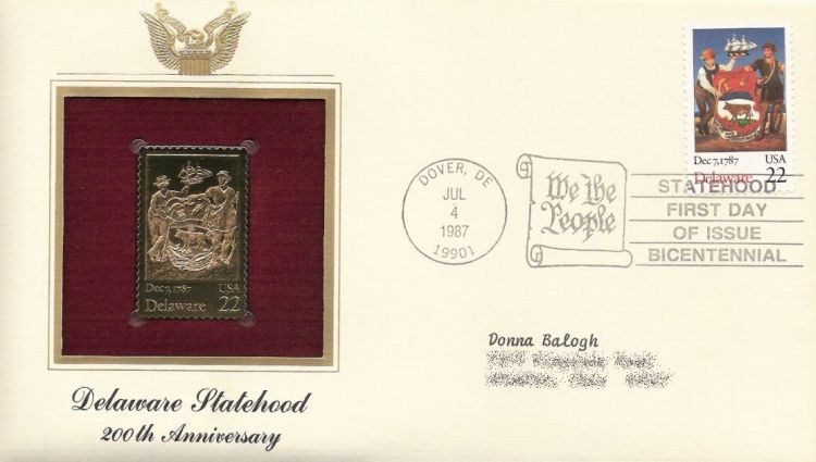 First day cover bearing 22-cent Delaware stamp