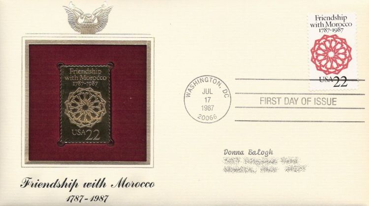 First day cover bearing 22-cent friendship with Morocoo