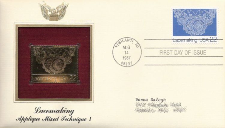 First day cover bearing 22-cent lace by Leslie Saari stamp