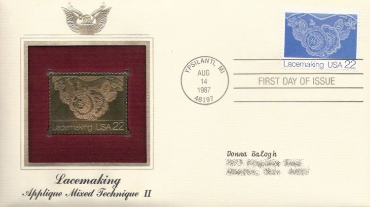 First day cover bearing 22-cent lace by Mary McPeek stamp