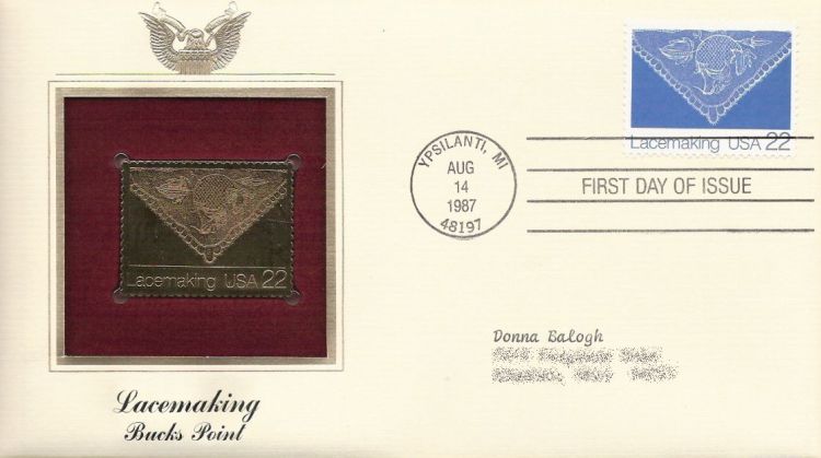 First day cover bearing 22-cent lace by Ruth Maxwell stamp