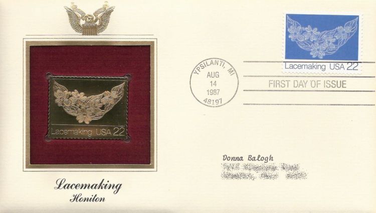 First day cover bearing 22-cent lace by Trenna Ruffner stamp