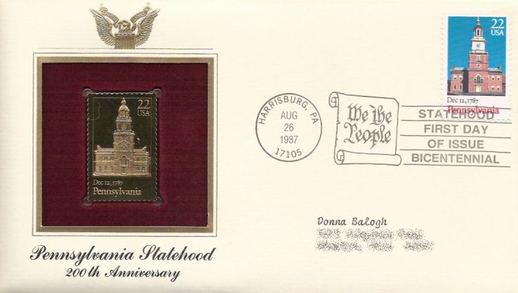 First day cover bearing 22-cent Pennsylvania stamp
