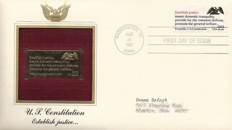 First day cover bearing 22-cent establish justice stamp