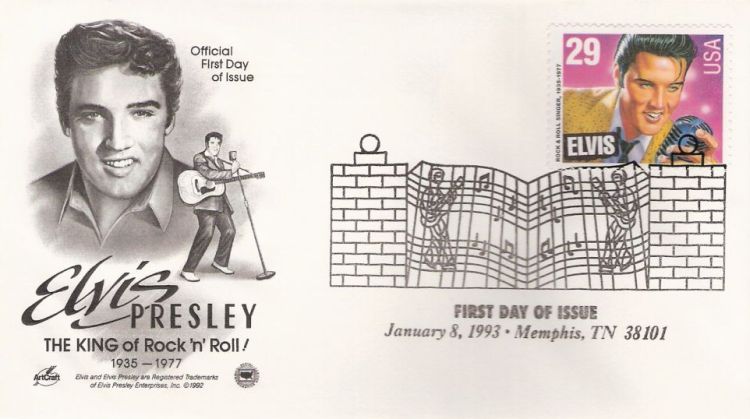 First day cover bearing 29-cent Elvis Presley stamps