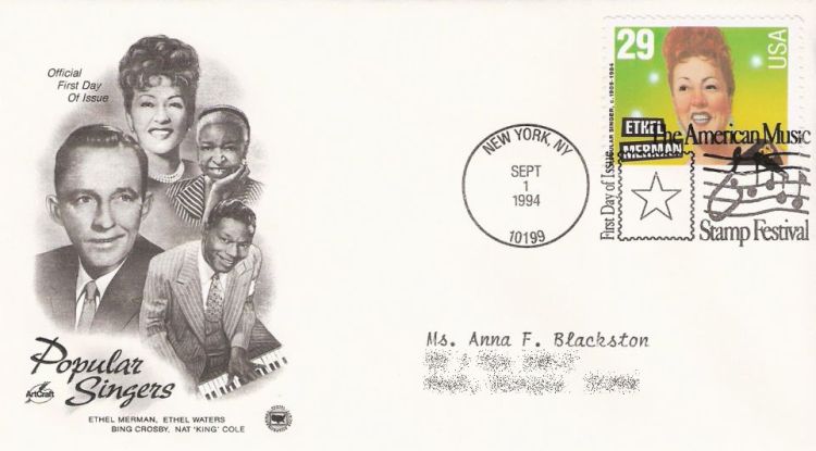 First day cover bearing 29-cent Ethel Merman stamp