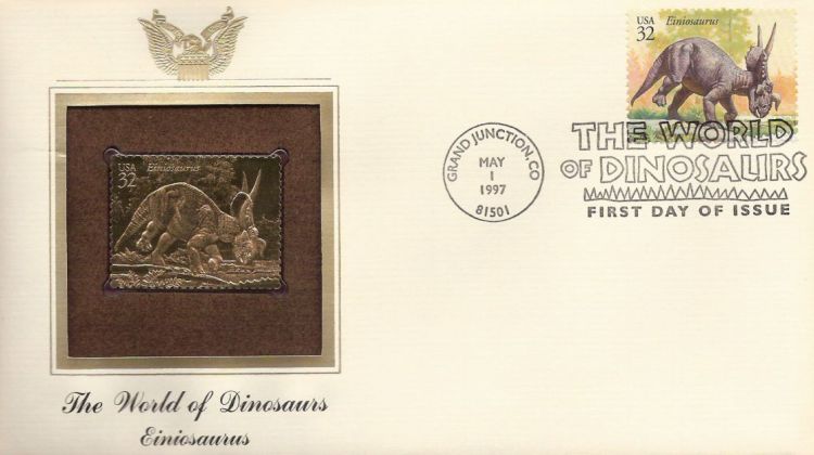 First day cover bearing 32-cent einiosaurus stamp