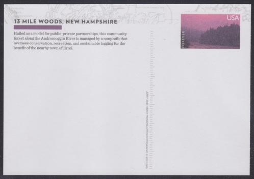 Forever U.S. postal card with imprinted stamp design picturing 13 Mile Woods in New Hampshire, USA