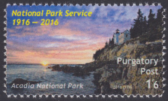 1-shilling 6-pence Purgatory Post local post stamp picturing Acadia National Park in Maine, USA