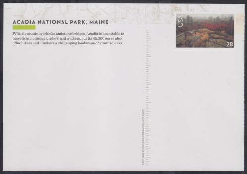 28-cent U.S. postal card with imprinted stamp design picturing Acadia National Park in Maine, USA