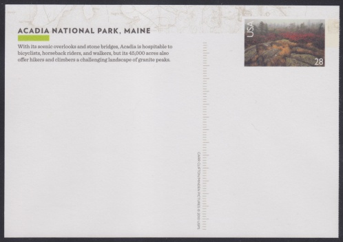 Acadia National Park 28-cent U.S. postal card with imprinted stamp design picturing Acadia National Park in Maine, USA