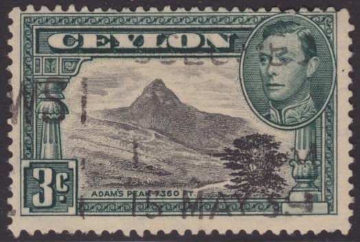 3-cent Ceylonese postage stamp picturing Adam's Peak on Sri Lanka