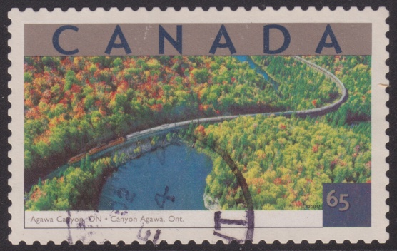 65-cent Canadian postage stamp picturing Agawa Canyon in Ontario, Canada