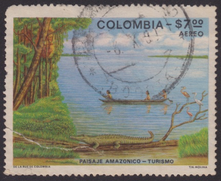 Amazon River 7-peso Colombian postage stamp picturing Amazon River in Amazonas Department