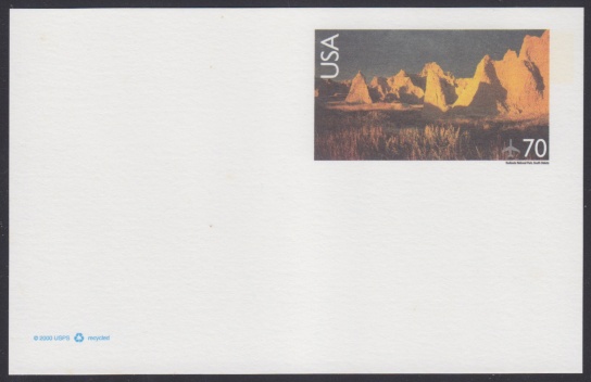 Badlands National Park 70-cent U.S. postal card with imprinted stamp design picturing Badlands National Park in South Dakota, USA