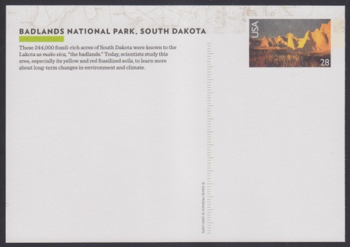 Badlands National Park 28-cent U.S. postal card with imprinted stamp design picturing Badlands National Park in South Dakota, USA