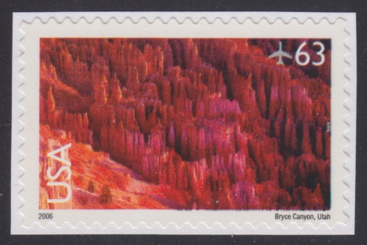 63-cent U.S. postage stamp picturing Bryce Canyon in Utah, USA