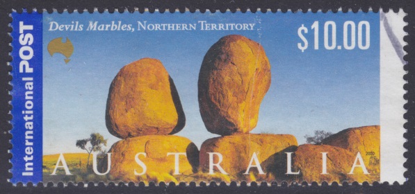 Devils Marbles $10 Australian postage stamp picturing the Devils Marbles in Northern Territory