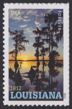 Forever U.S. postage stamp picturing Flat Lake in Louisiana, USA