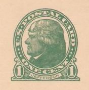 Green 1-cent U.S. postal card picturing Thomas Jefferson