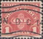 Scarlet $1 U.S. postage due stamp picturing word 'one'