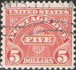 Scarlet $5 U.S. postage due stamp picturing word 'five'