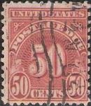 Scarlet 50-cent U.S. postage due stamp picturing numeral '50'