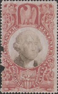 Brick red & black $2.50 U.S. revenue stamp picturing George Washington