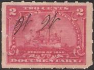 Red 2-cent U.S. revenue stamp picturing battleship