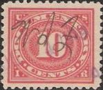 Red 10-cent U.S. revenue stamp picturing numeral '10'