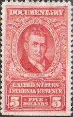 Red $5 U.S. revenue stamp picturing G.M. Bibb
