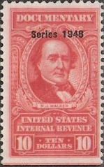 Red $10 U.S. revenue stamp picturing R.J. Walker